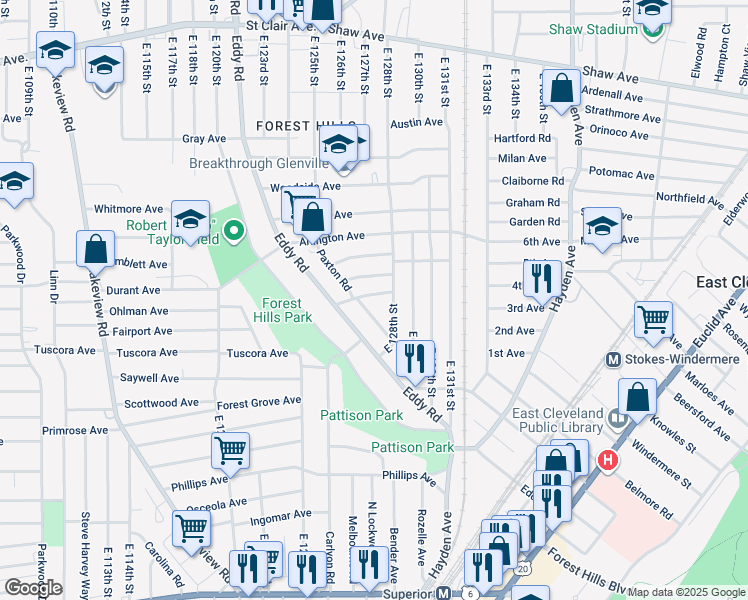 map of restaurants, bars, coffee shops, grocery stores, and more near 942 Paxton Road in Cleveland