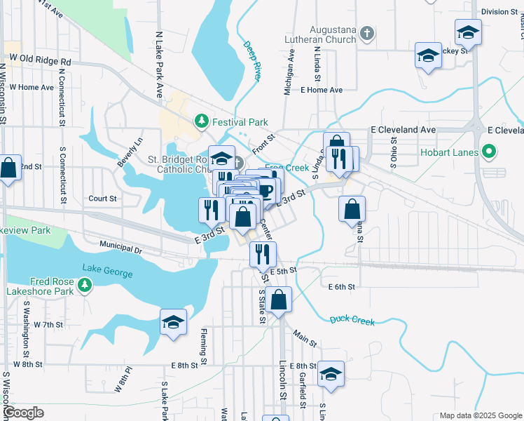 map of restaurants, bars, coffee shops, grocery stores, and more near 300-398 Center Street in Hobart