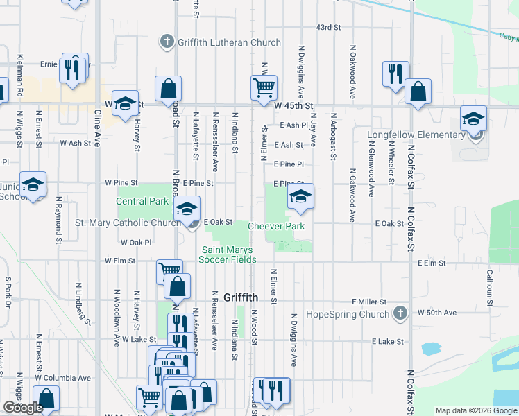 map of restaurants, bars, coffee shops, grocery stores, and more near 554 North Elmer Street in Griffith