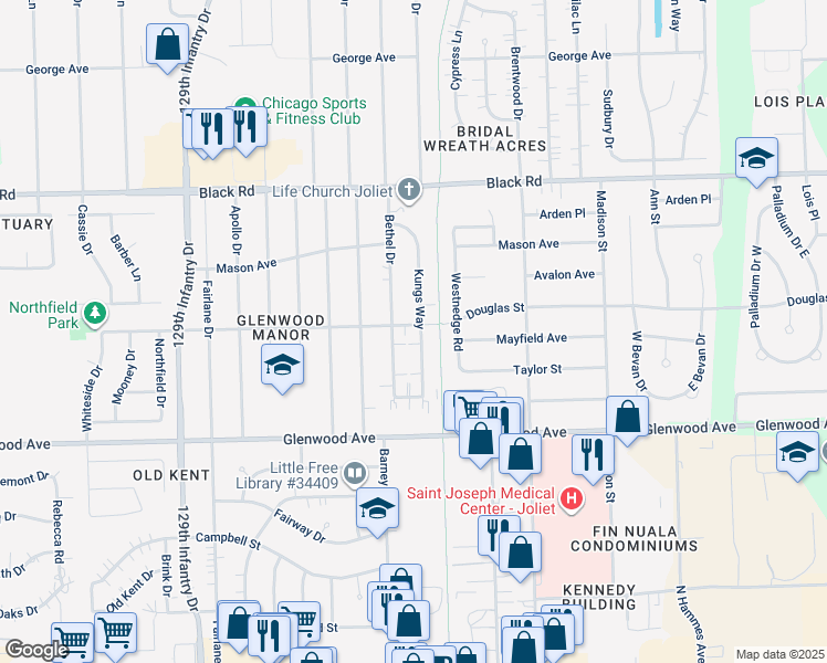 map of restaurants, bars, coffee shops, grocery stores, and more near 512 Bethel Drive in Joliet