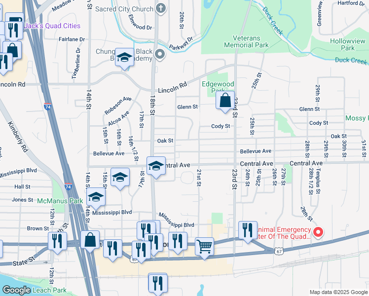 map of restaurants, bars, coffee shops, grocery stores, and more near 935 21st Street in Rock Island