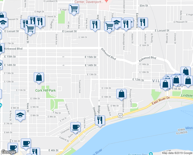 map of restaurants, bars, coffee shops, grocery stores, and more near 1122 Bridge Avenue in Davenport
