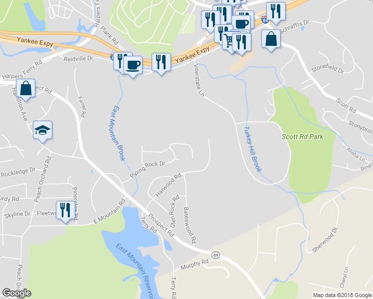 map of restaurants, bars, coffee shops, grocery stores, and more near 126 Split Rock Drive in Waterbury