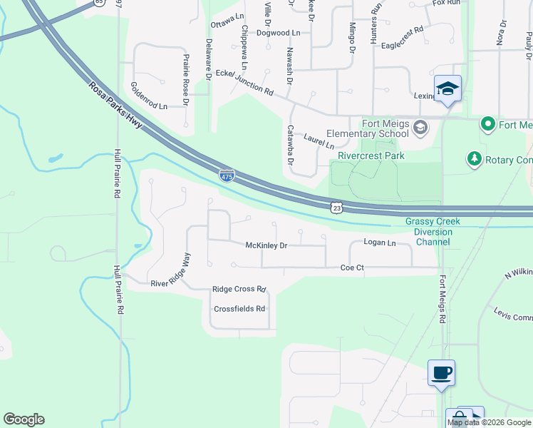map of restaurants, bars, coffee shops, grocery stores, and more near 1321 Mary Lou Court in Perrysburg