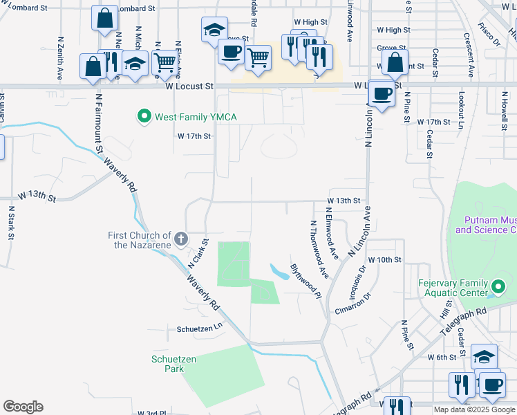 map of restaurants, bars, coffee shops, grocery stores, and more near 1211 Hillandale Road in Davenport