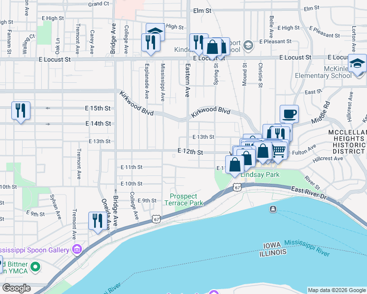 map of restaurants, bars, coffee shops, grocery stores, and more near 1607 East 12th Street in Davenport