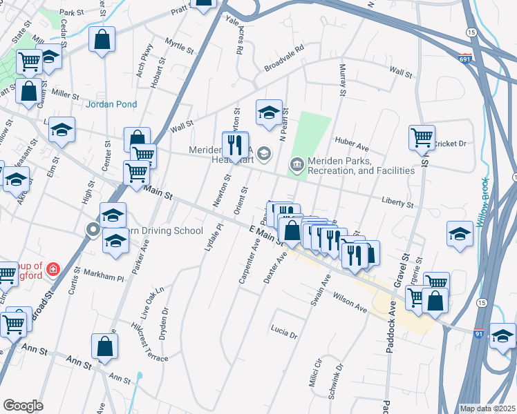 map of restaurants, bars, coffee shops, grocery stores, and more near 558 East Main Street in Meriden