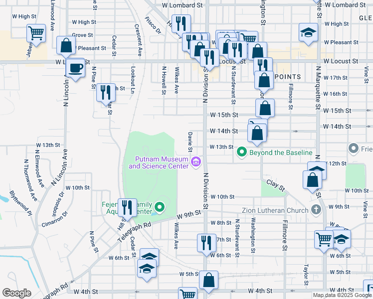 map of restaurants, bars, coffee shops, grocery stores, and more near 1742 West 12th Street in Davenport