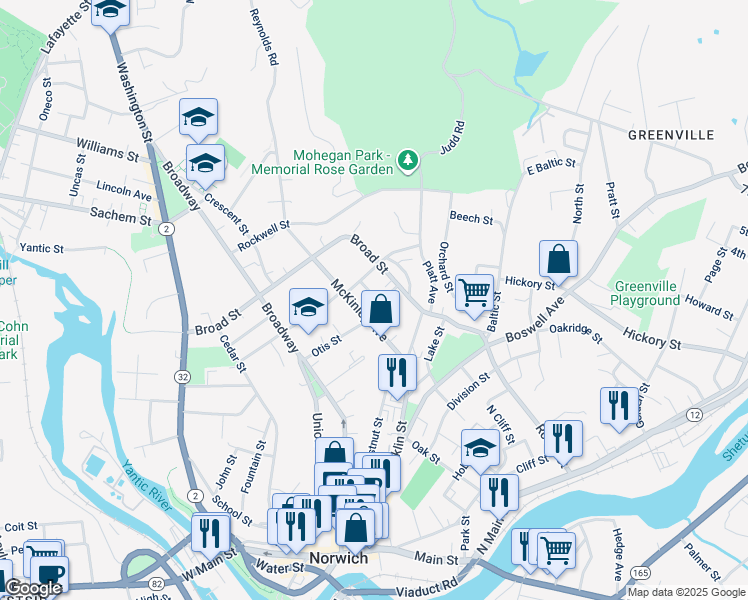map of restaurants, bars, coffee shops, grocery stores, and more near 58 McKinley Avenue in Norwich
