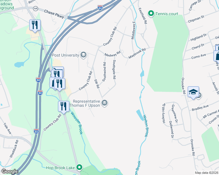 map of restaurants, bars, coffee shops, grocery stores, and more near 17 Campfield Road in Waterbury