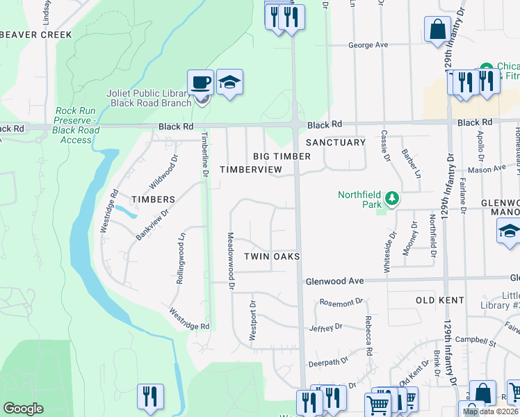 map of restaurants, bars, coffee shops, grocery stores, and more near 521 Ponderosa Place in Joliet