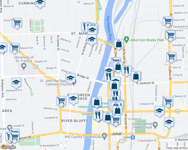 map of restaurants, bars, coffee shops, grocery stores, and more near 508 North Bluff Street in Joliet