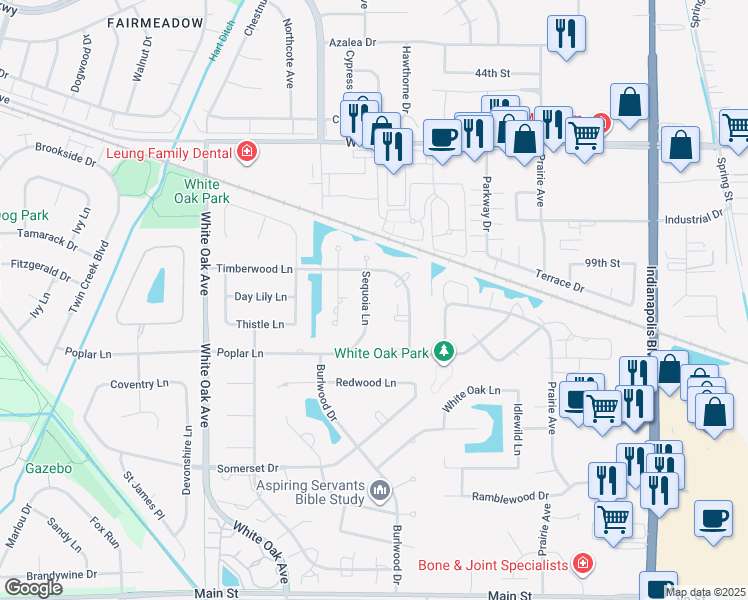 map of restaurants, bars, coffee shops, grocery stores, and more near 10003 Sequoia Lane in Munster