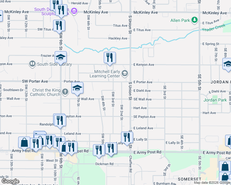 map of restaurants, bars, coffee shops, grocery stores, and more near 207 Wall Avenue in Des Moines