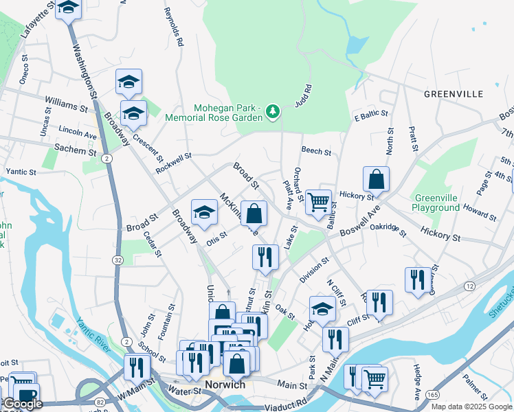 map of restaurants, bars, coffee shops, grocery stores, and more near 46 Freeman Avenue in Norwich