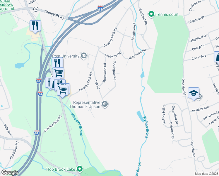 map of restaurants, bars, coffee shops, grocery stores, and more near 17 Campfield Road in Waterbury