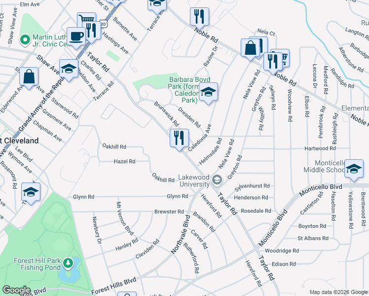 map of restaurants, bars, coffee shops, grocery stores, and more near in Cleveland Heights
