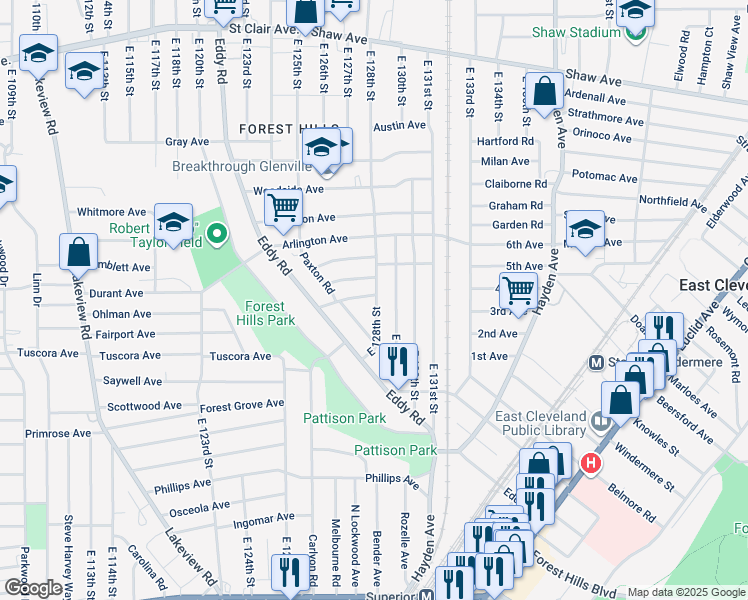 map of restaurants, bars, coffee shops, grocery stores, and more near 935 East 128th Street in Cleveland