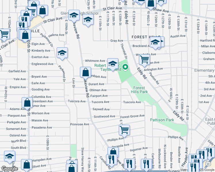 map of restaurants, bars, coffee shops, grocery stores, and more near 11514 Ohlman Avenue in Cleveland