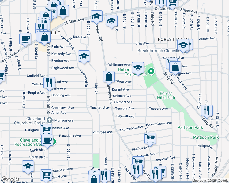 map of restaurants, bars, coffee shops, grocery stores, and more near 11318 Ohlman Avenue in Cleveland