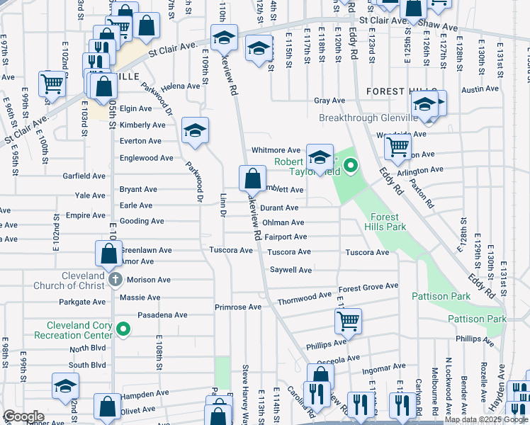map of restaurants, bars, coffee shops, grocery stores, and more near 11318 Ohlman Avenue in Cleveland