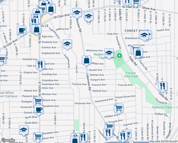 map of restaurants, bars, coffee shops, grocery stores, and more near 11318 Ohlman Avenue in Cleveland