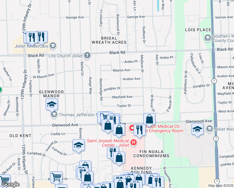 map of restaurants, bars, coffee shops, grocery stores, and more near 2302 Mayfield Avenue in Joliet