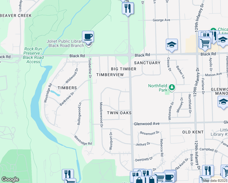 map of restaurants, bars, coffee shops, grocery stores, and more near 521 Ponderosa Place in Joliet