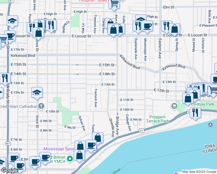 map of restaurants, bars, coffee shops, grocery stores, and more near 1132 Oneida Avenue in Davenport