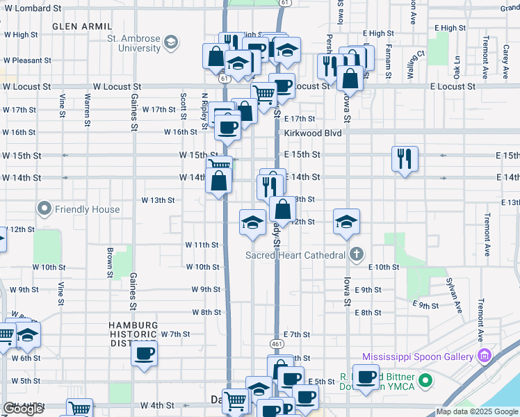 map of restaurants, bars, coffee shops, grocery stores, and more near 110 West 12th Street in Davenport