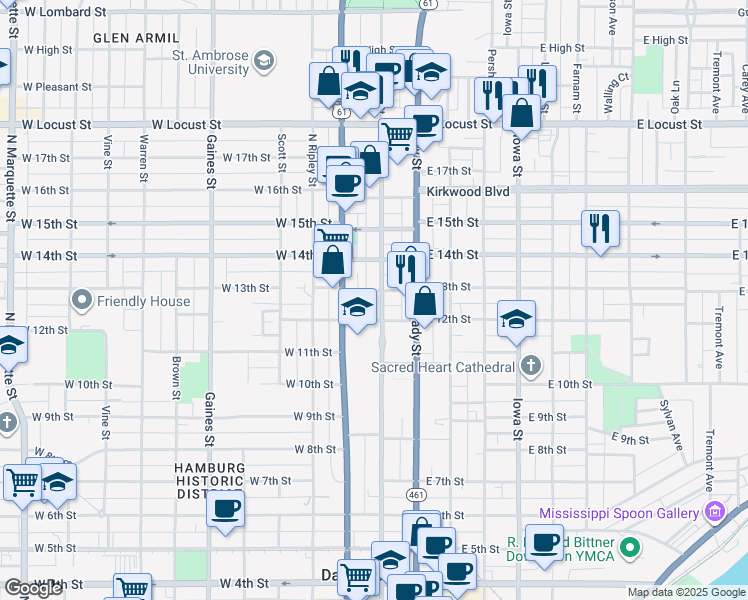 map of restaurants, bars, coffee shops, grocery stores, and more near 241 West 12th Street in Davenport