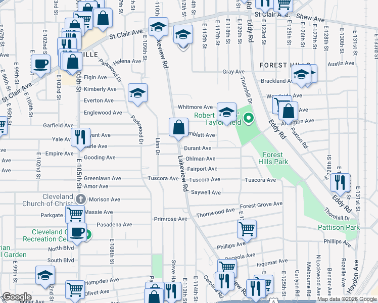 map of restaurants, bars, coffee shops, grocery stores, and more near 11318 Ohlman Avenue in Cleveland