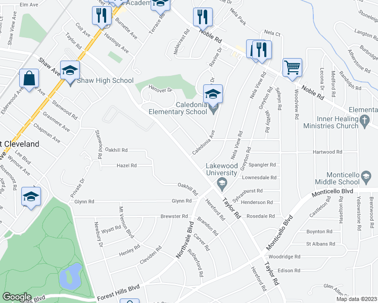 map of restaurants, bars, coffee shops, grocery stores, and more near in Cleveland Heights