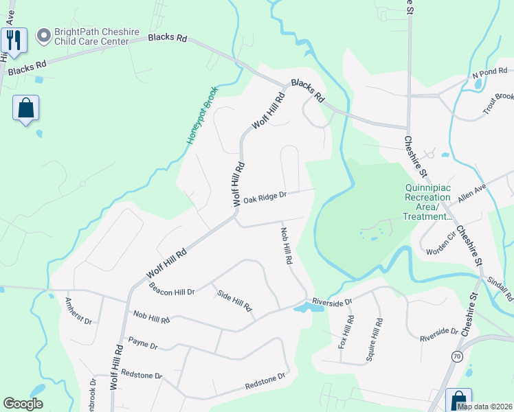 map of restaurants, bars, coffee shops, grocery stores, and more near 503 Oak Ridge Drive in Cheshire