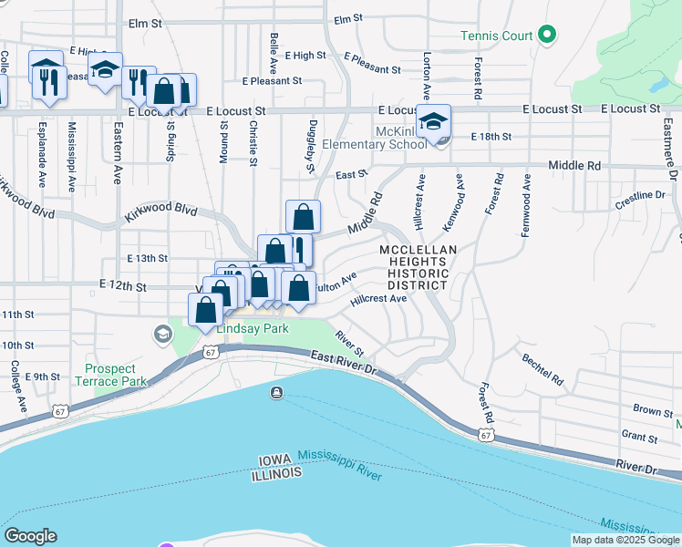 map of restaurants, bars, coffee shops, grocery stores, and more near 2419 Fulton Avenue in Davenport