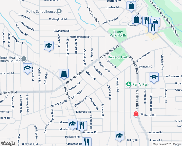 map of restaurants, bars, coffee shops, grocery stores, and more near 1054 Allston Road in Cleveland Heights