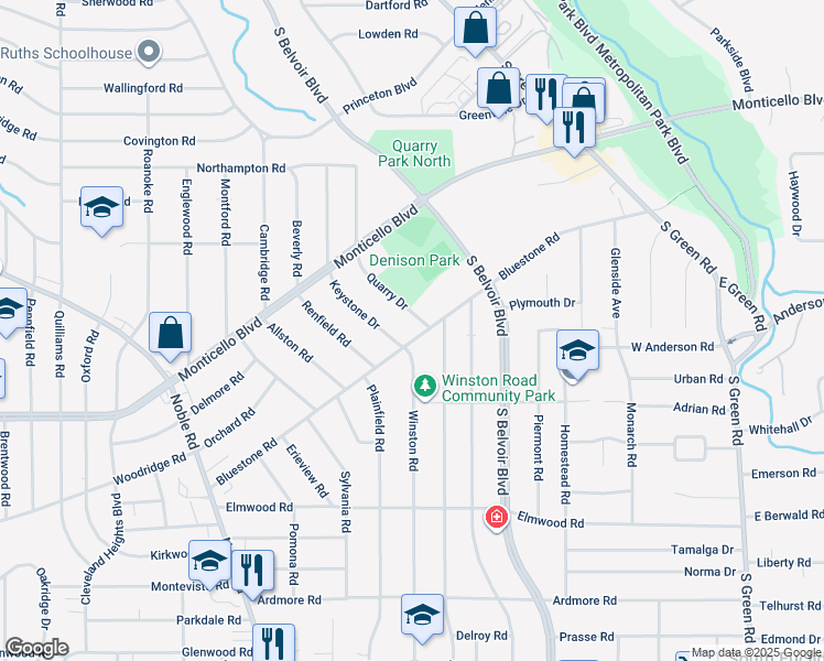 map of restaurants, bars, coffee shops, grocery stores, and more near 4104 Bluestone Road in South Euclid