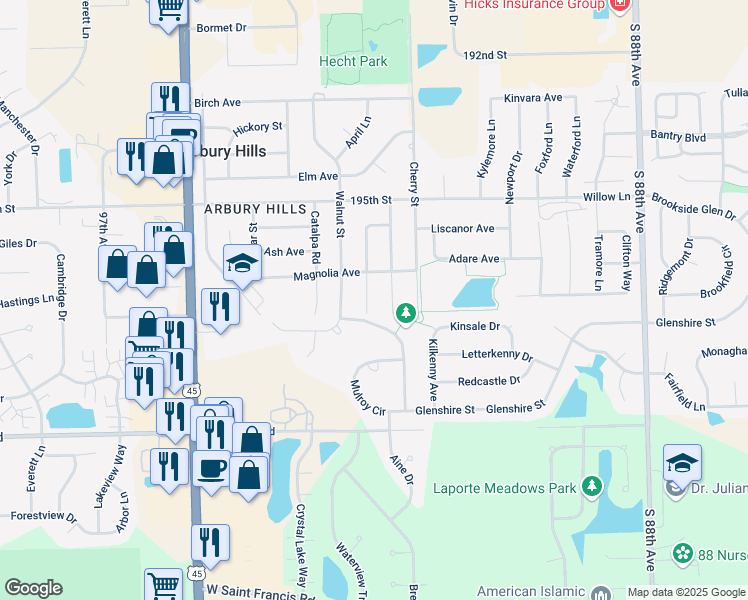 map of restaurants, bars, coffee shops, grocery stores, and more near 19613 Redwood Lane in Mokena