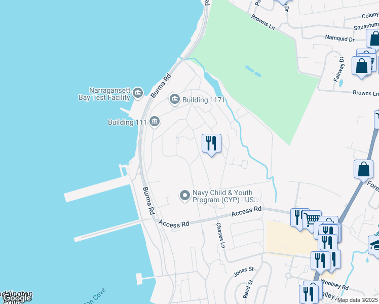 map of restaurants, bars, coffee shops, grocery stores, and more near 1176 Howell Street in Newport