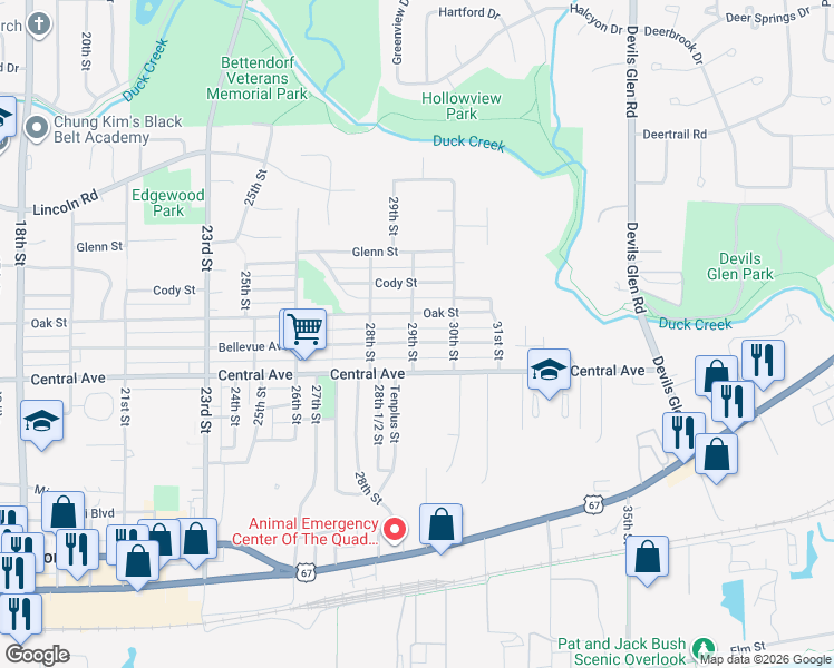 map of restaurants, bars, coffee shops, grocery stores, and more near 2904 Central Avenue in Bettendorf