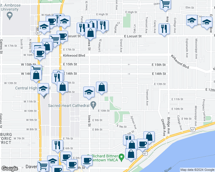 map of restaurants, bars, coffee shops, grocery stores, and more near 1224 Farnam Street in Davenport