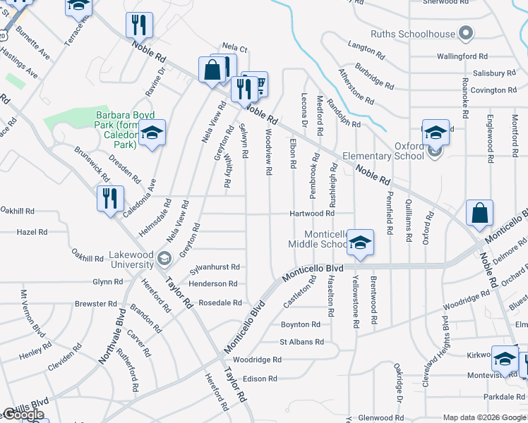 map of restaurants, bars, coffee shops, grocery stores, and more near in Cleveland Heights