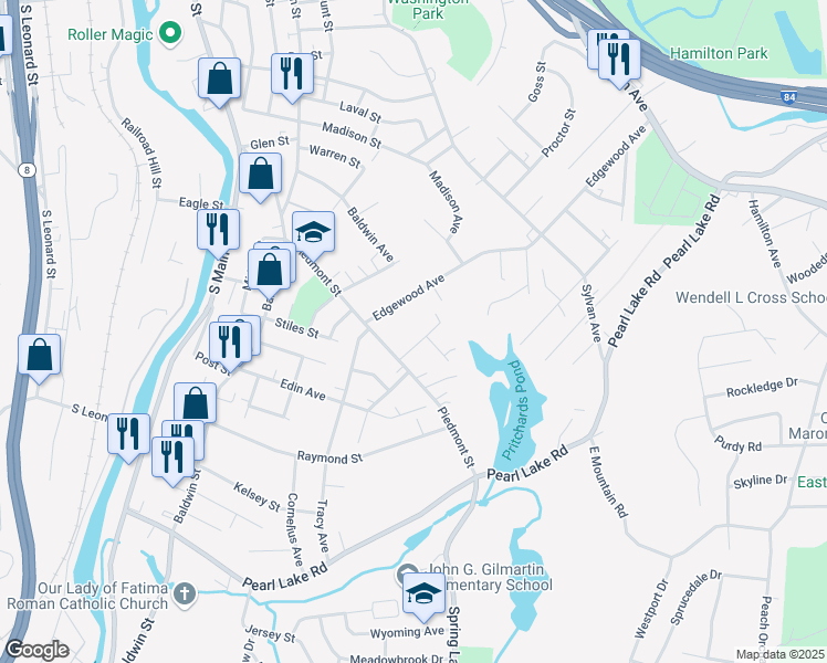 map of restaurants, bars, coffee shops, grocery stores, and more near 31 Hopeville Drive in Waterbury