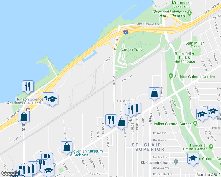 map of restaurants, bars, coffee shops, grocery stores, and more near 972 East 72nd Street in Cleveland