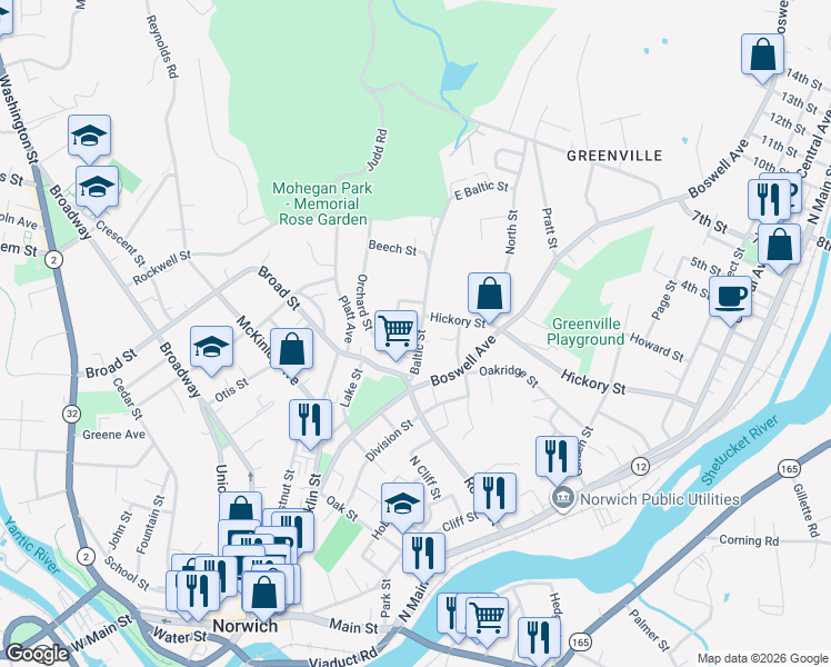 map of restaurants, bars, coffee shops, grocery stores, and more near 25 Baltic Street in Norwich