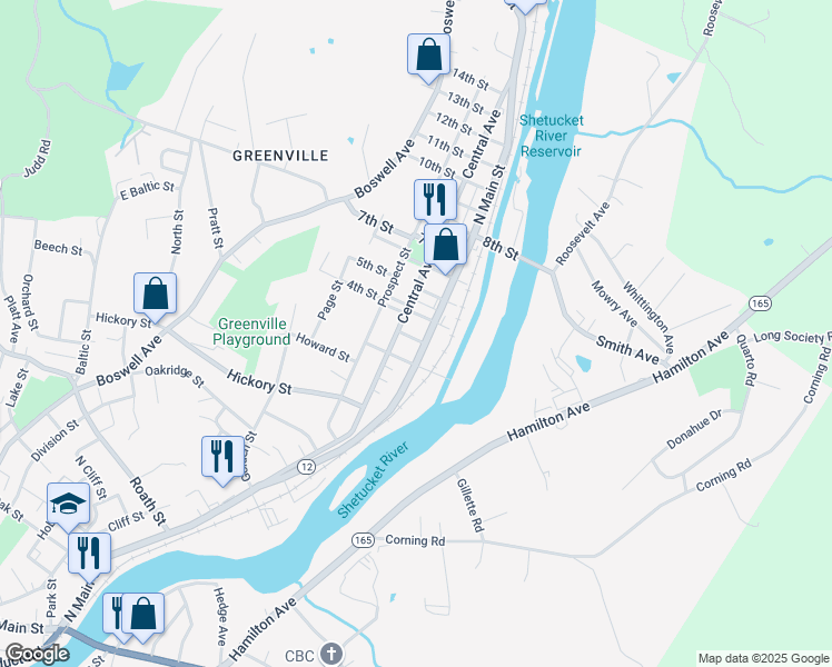 map of restaurants, bars, coffee shops, grocery stores, and more near 27 2nd Street in Norwich