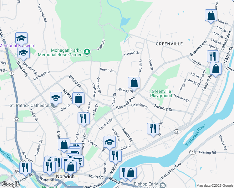 map of restaurants, bars, coffee shops, grocery stores, and more near 25 Baltic Street in Norwich