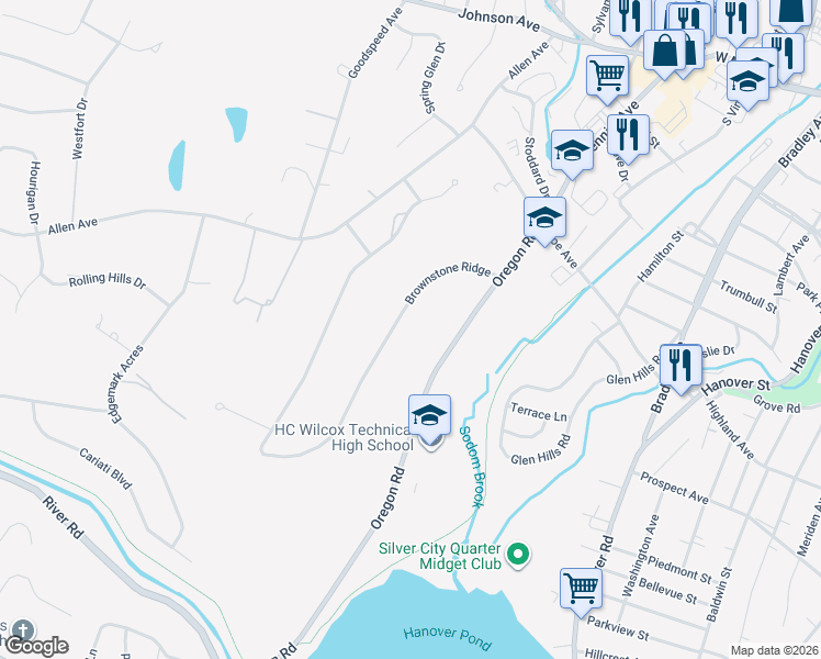 map of restaurants, bars, coffee shops, grocery stores, and more near 187 Oregon Road in Meriden