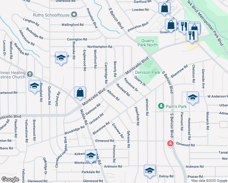 map of restaurants, bars, coffee shops, grocery stores, and more near 1054 Allston Road in Cleveland Heights