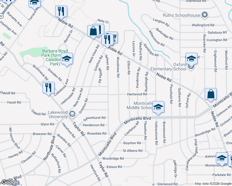 map of restaurants, bars, coffee shops, grocery stores, and more near in Cleveland Heights